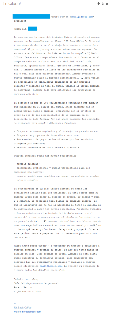 Ofertas de empleo falsas - correo 1