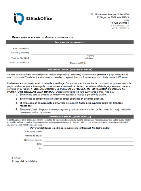 Ofertas de empleo falsas - formulario